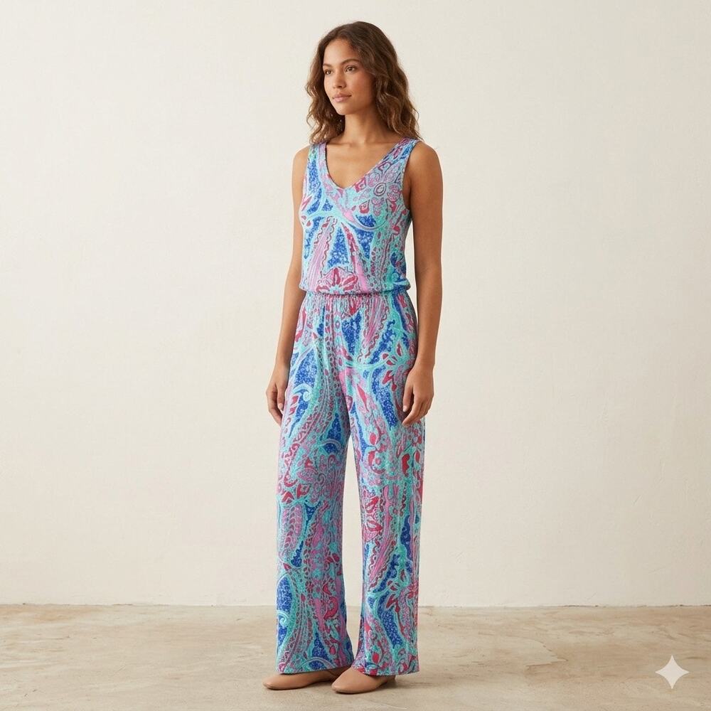 Tori Richard Wide Leg Jumpsuit Womens Small S Blue Pink Paisley Rayon Sleeveless